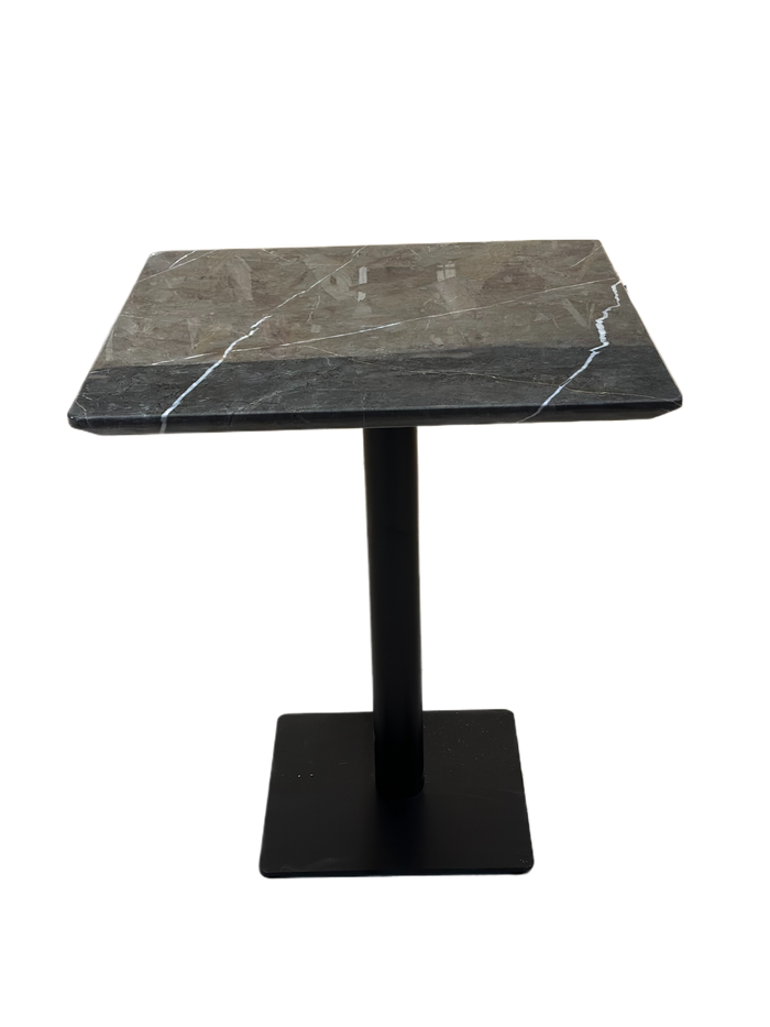 Grey Marble Restaurant Table, Front Angle, Black Base