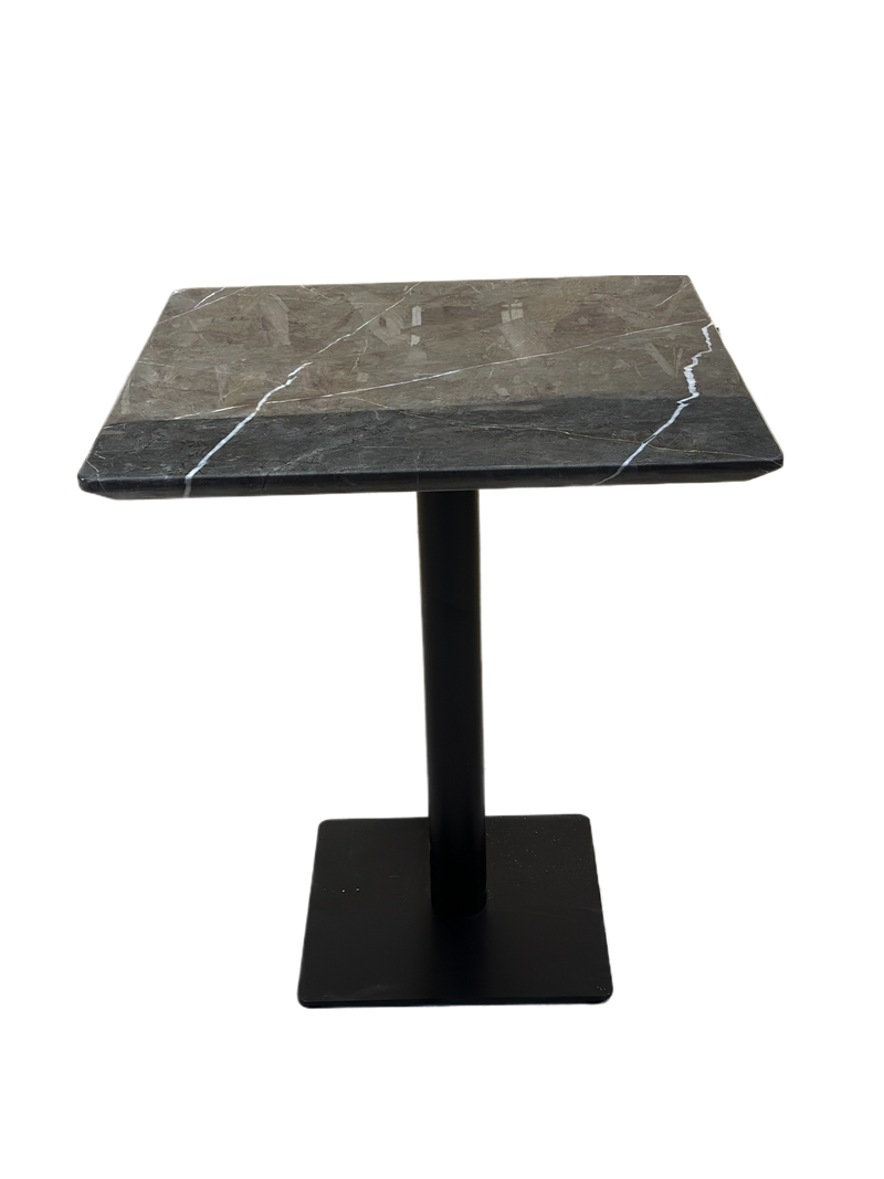 Grey Marble Restaurant Table, Front Angle, Black Base